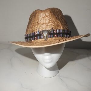 Brown Strawlike Woven Look Hat with Multicolor Band